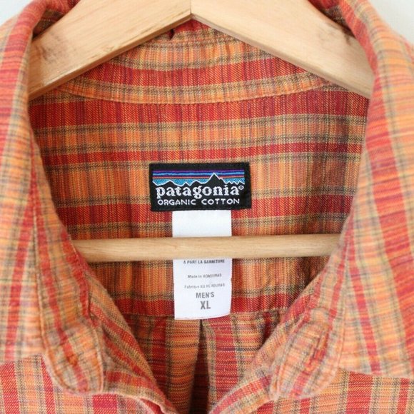 Patagonia Mens Extra Large XL Orange & Red Plaid Button Down 100% Organic Cotton - Picture 3 of 4
